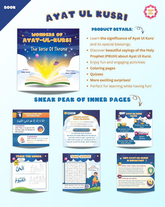 Inside pages of the Ayat ul Kursi book with Arabic, translation, and activities